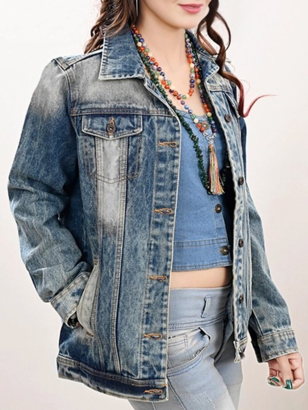 Western Denim Jacket with Tooled Sunflower Yoke & Turquoise Feather Fringe large - Picture 3 of 5
